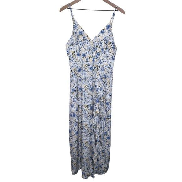 En Saison Dress Womens Medium‎ Blue Floral Maxi Spaghetti Strap Ruffle Faux Wrap - Picture 1 of 9